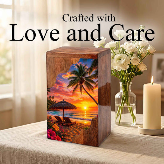 Paradise Wooden Cremation Urn – Beach Theme Wooden Urn for Human Ashes