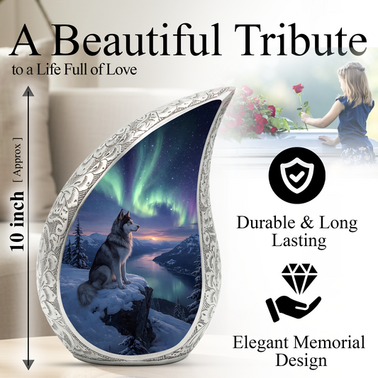Personalized Husky Cremation Urn – Custom Dog Memorial Urn for Ashes, Northern Lights Pet Memorial, Teardrop Aluminum Adult Urn, 10 Inch