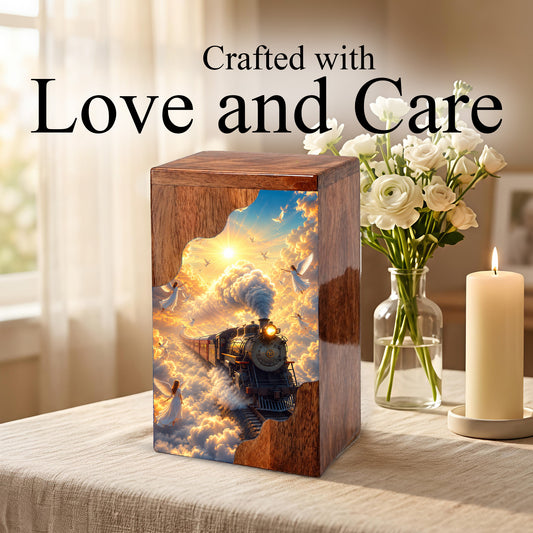 Heaven Bound Train Wooden Cremation Urn – Angel Memorial Urn | Wooden Urn for Human Ashes