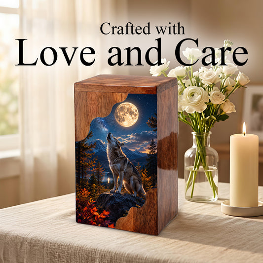 Wolf Wooden Cremation Urn – Personalized Memorial Urn for Human Ashes | Moonlit Wolf Wooden Urn