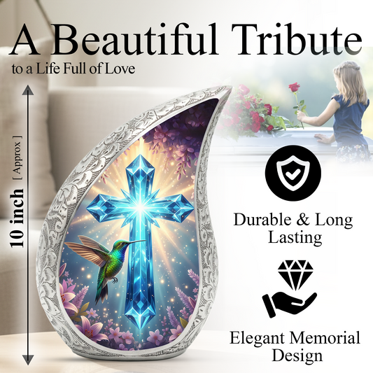 Christian Cross Personalized Cremation Urn – Teardrop Style Aluminum Memorial Urn, 10 Inch