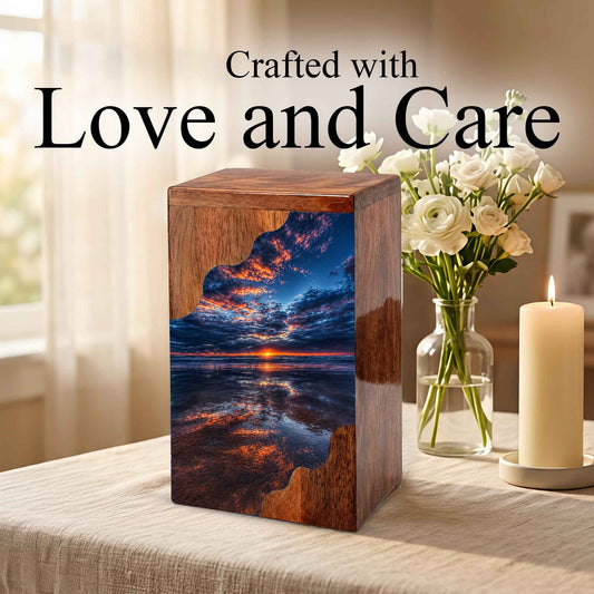 Beach Wooden Cremation Urn for Human Ashes | Ocean Sunset Memorial Urn