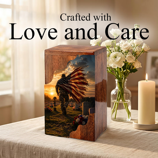 Military Wooden Cremation Urn for Veteran | American Flag Memorial Urn for Dad