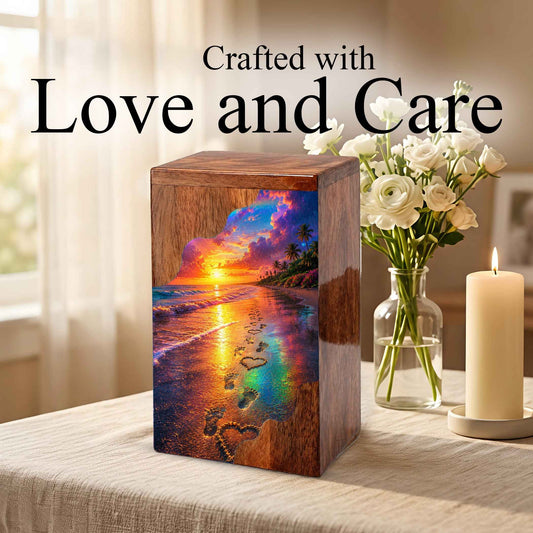 Beach Wooden Cremation Urn for Human Ashes | Ocean Sunset Memorial Urn
