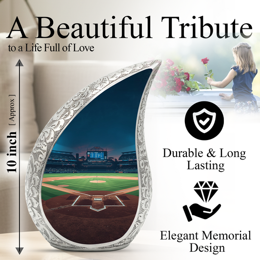 Baseball Personalized Cremation Urn for Dad – Teardrop Style Aluminum Memorial Urn, 10 Inch