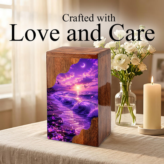 Moonlit Ocean Butterfly Wooden Cremation Urn – Beach Theme Wooden Urn for Human Ashes