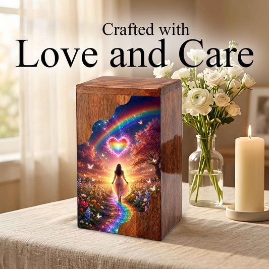 Rainbow Heart Wooden Cremation Urn – Celestial Rainbow Memorial Wooden Urn for Human Ashes