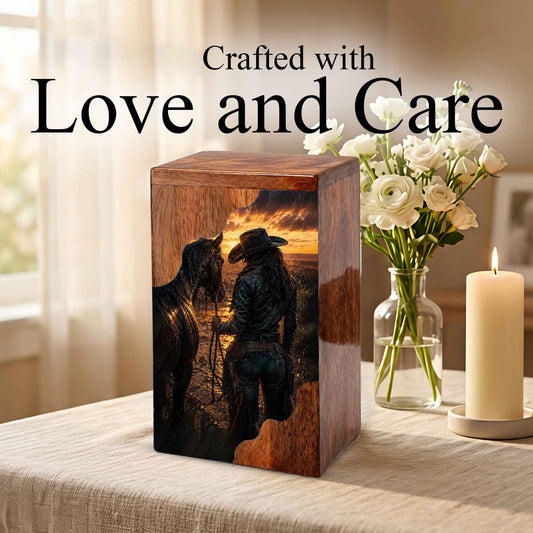 Western Horse Wooden Cremation Urn for Mom – Custom Memorial Urn for Human Ashes