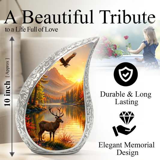 Deer Memorial Adult Urn for Ashes, Mountain Lake Cremation Urn