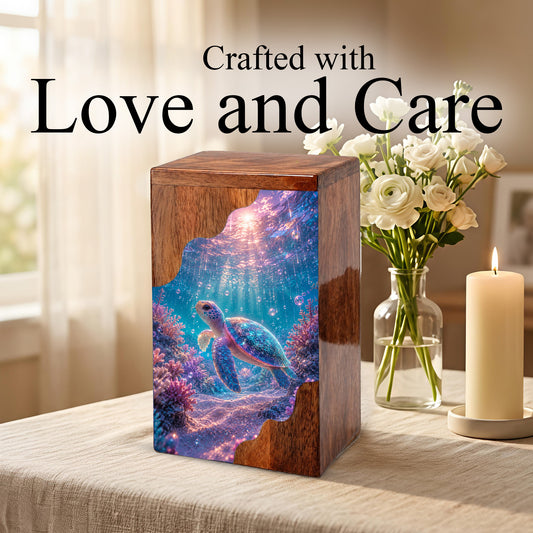 Sea Turtle Underwater Wooden Cremation Urn – Personalized Memorial Urn for Human Ashes