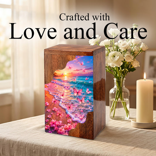 Pink Butterfly Beach Wooden Cremation Urn – Sunset Ocean Memorial Urn for Mom