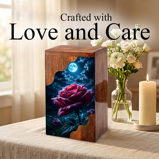 Moonlit Rose Wooden Cremation Urn – Rose Memorial Urn for Human Ashes