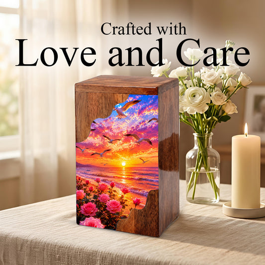 Personalized Sunset Beach Wooden Cremation Urn – Ocean Memorial Urn with Seagulls & Rose Garden
