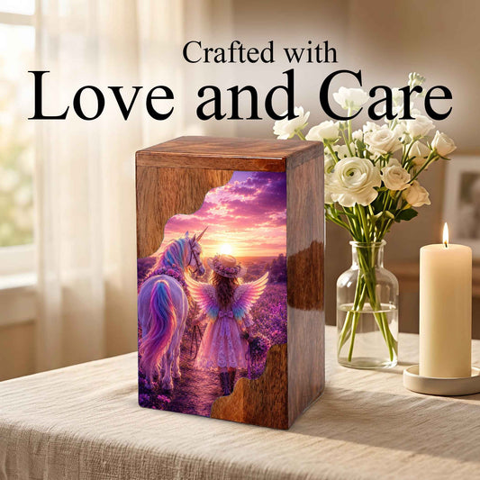 Angel Girl Wooden Cremation Urn – Fantasy Sunset Memorial Wooden Urn for Human Ashes