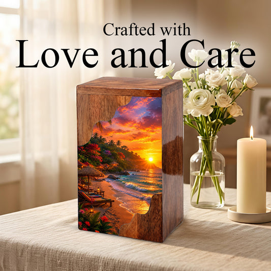 Tropical Beach Wooden Cremation Urn – Wooden Urn for Human Ashes