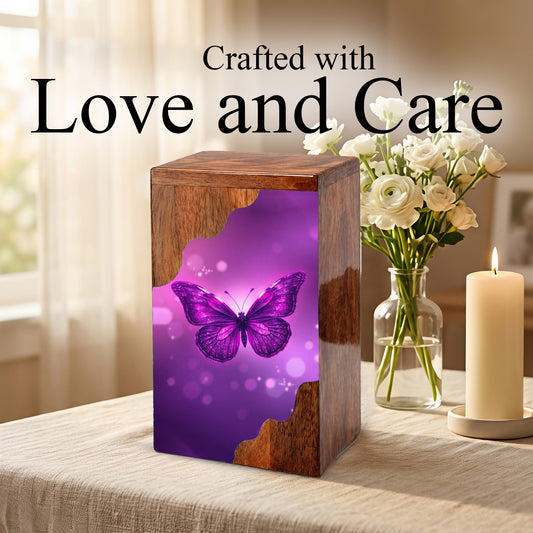 Purple Butterfly Wooden Cremation Urn – Elegant Butterfly Memorial Wooden Urn for Human Ashes