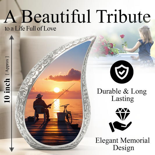 Fishing Personalized Cremation Urn for Dad – Teardrop Style Aluminum Memorial Urn, 10 Inch