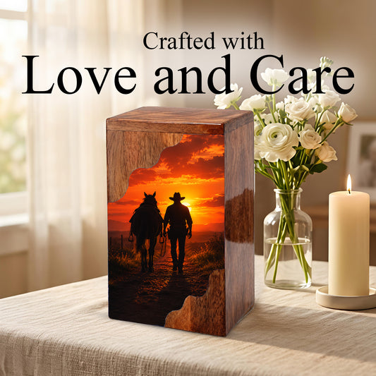Cowboy Wooden Cremation Urn – Sunset Horse Memorial Urn for Human Ashes | Rustic Tribute Urn for Dad