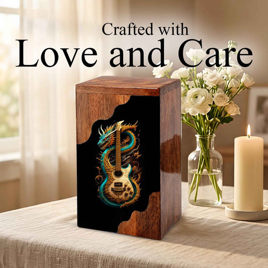 Dragon Guitar Wooden Cremation Urn – Music Memorial Urn with Mythical Dragon