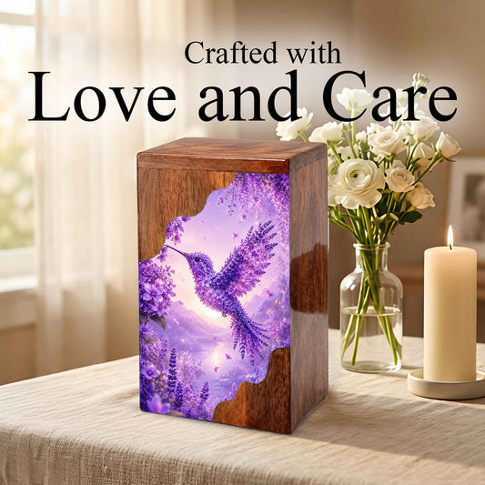 Hummingbird Cremation Urn for Mom | Purple Floral Wooden Urn for Human