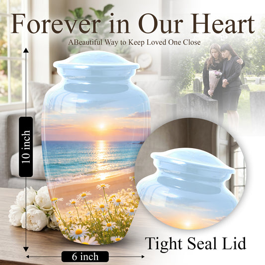 Beach Urn for Mom – Sunset Ocean Cremation Urn for Ashes | Beautiful Memorial Large Urn for Women