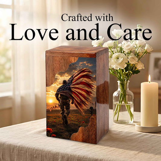 Military Wooden Cremation Urn for Dad | Personalized Veteran Urn for Human Ashes | American Flag Memorial Urn