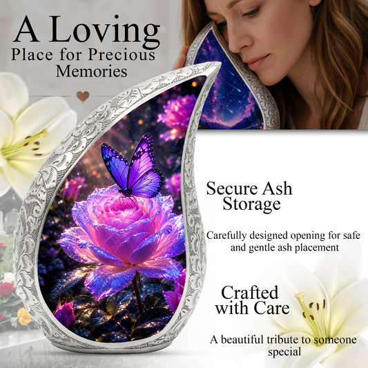Flower Urn for Mom and Women – Blue Velvet Butterfly Keepsake Cremation Urn for Mom,