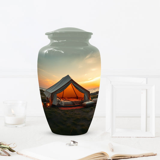 Camping Memorial Urn for Ashes – Personalized Sunset Glamping Cremation Urn for Mom& Dad