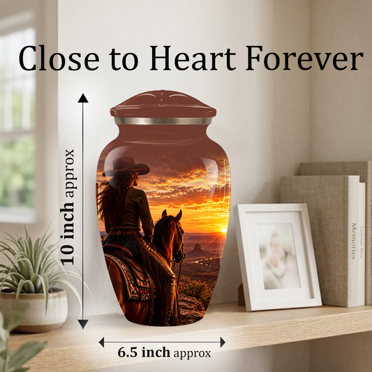 Personalized Adult Cremation Urn for Ashes, Custom Memorial Urn, Western Cowboy Horse Sunset Design