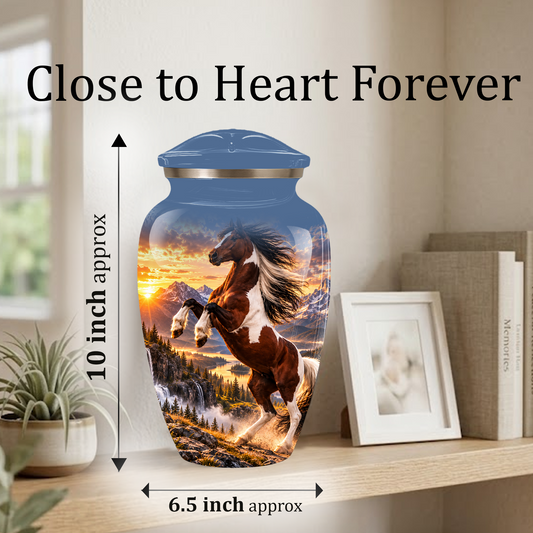 Horse Cremation Urn for Ashes, Rearing Horse Sunset Design, Custom Horse Lover Pet Memorial Urn