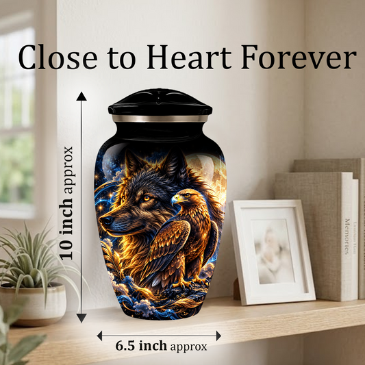 Wolf and Eagle Cremation Urn for Adult Ashes, Black Memorial Urn with Golden Eagle, Majestic Wolf and Celestial Artwork