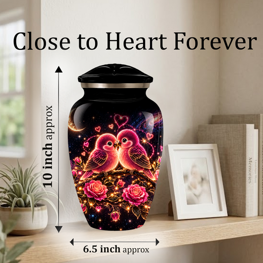 Love Birds Cremation Urn for Adult Ashes, Romantic Pink Birds and Roses Memorial Urn