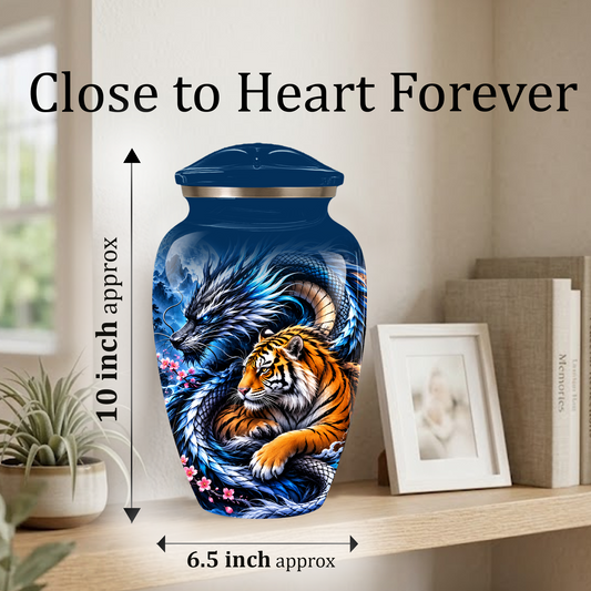 Blue Dragon and Tiger Cremation Urn for Adult Ashes, Fantasy Animal Memorial Urn
