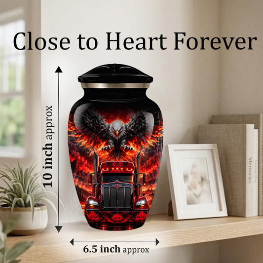 Personalized Adult Cremation Urn for Ashes, Custom Red Semi Truck and Fiery Eagle Memorial Urn, Truck Driver Urn