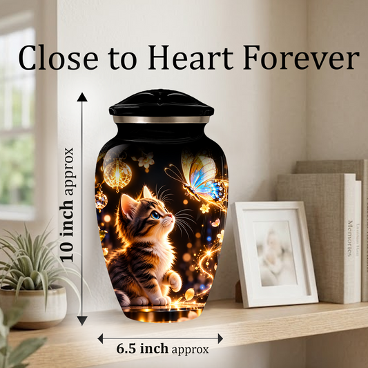 Kitten and Butterfly Cremation Urn for Adult Ashes, Personalized Cat Memorial Urn