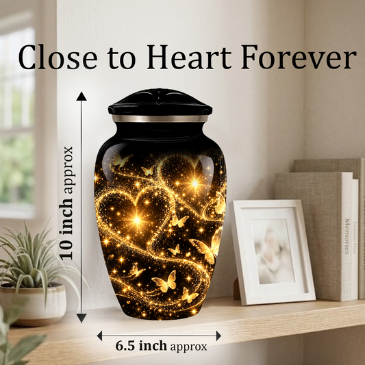 Personalized Adult Cremation Urn for Ashes, Golden Butterfly Heart Memorial Urn, Custom Adult Urn