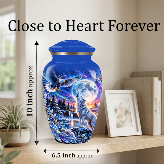 Personalized Adult Cremation Urn for Ashes, Custom Wolf and Eagle Memorial Urn, Blue Moonlight Fantasy Wildlife Design