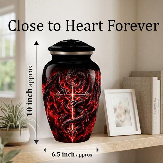 Red Dragon Cremation Urn – Dragon & Cross Adult Memorial Urn for Ashes
