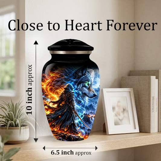 Personalized Adult Cremation Urn for Ashes, Fire and Ice Wolf Warrior Memorial Urn, Custom Aluminum Urn