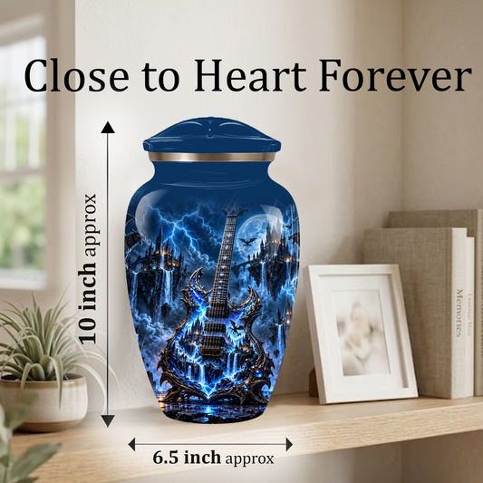 Gothic Electric Guitar Cremation Urn for Ashes, Blue Fantasy Musician Urn, Custom Guitar Urn