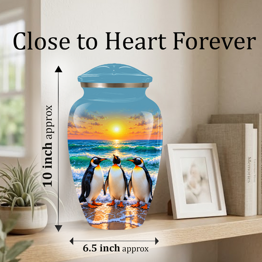 , Penguin Beach Sunset Memorial Urn, Ocean-Themed Urn for Human Ashes