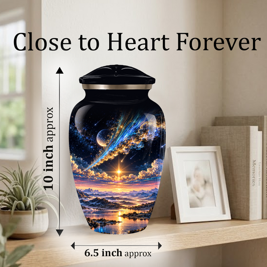 Personalized Adult Cremation Urn for Ashes, Custom Memorial Urn, Galaxy and Mountain Sunset Design