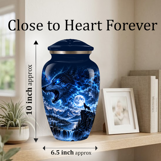Personalized Adult Cremation Urn for Ashes, Blue Lightning Wolf Memorial Urn, Custom Wolf Howling at Moon Urn