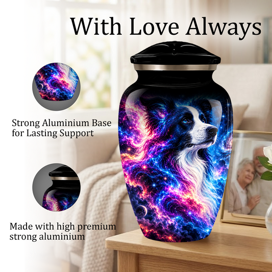 Cosmic Border Collie Cremation Urn for Adult Ashes, Black and White Dog Memorial Urn with Glowing Blue Pink Galaxy and Celestial Stars Artwork