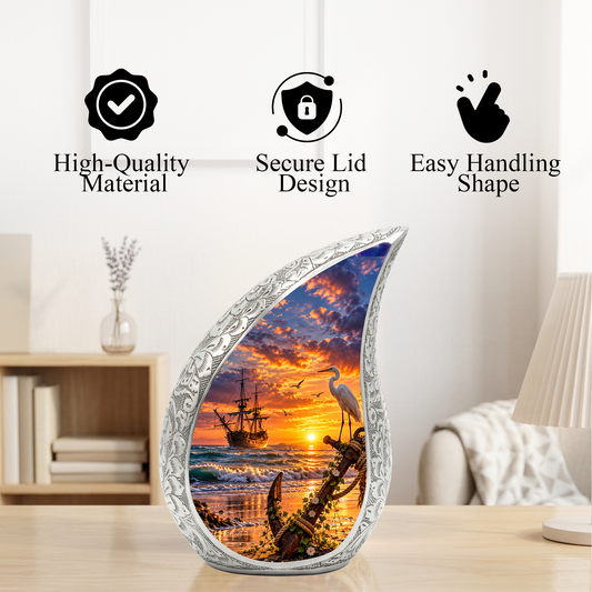 Nautical Cremation Urn for Adult Ashes, Ocean Sunset Memorial Urn, Ship and Anchor Urn, Coastal Urn for Dad
