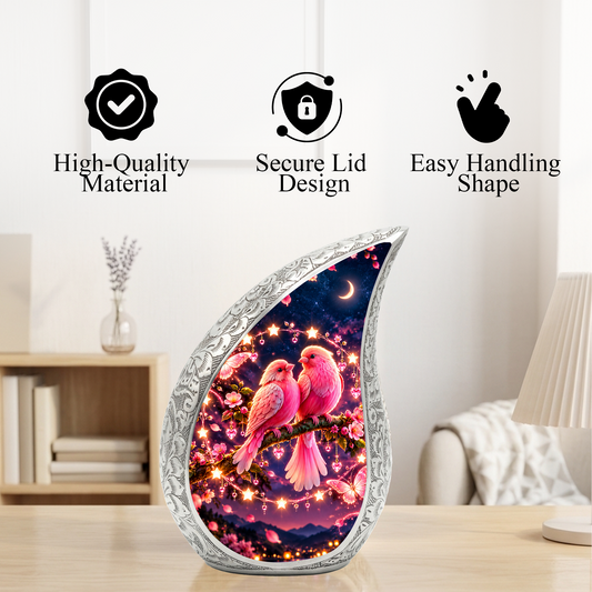 Pink Love Birds Urn for Human Ashes, Adult Cremation Urn with Two Birds and Flowers