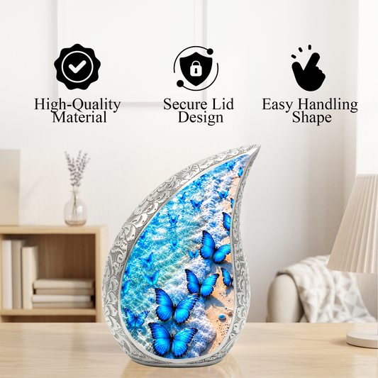 Blue Butterfly Cremation Urn for Adult Ashes, Beach Memorial Urn, Ocean Butterfly Urn for Ashes