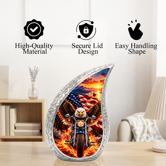 Patriotic Eagle Motorcycle Urn for Human Ashes, American Flag Adult Cremation Urn