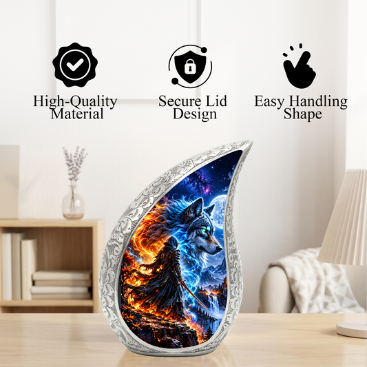 Wolf Warrior Urn for Human Ashes, Adult Cremation Urn with Blue and Fiery Wolf Artwork