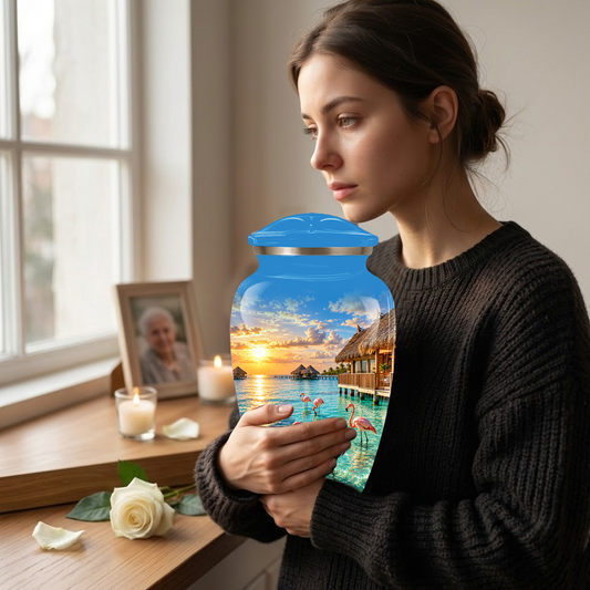 Adult Cremation Urn for Ashes, Personalized Aluminum Adult Urn, Tropical Beach Flamingo Memorial Urn